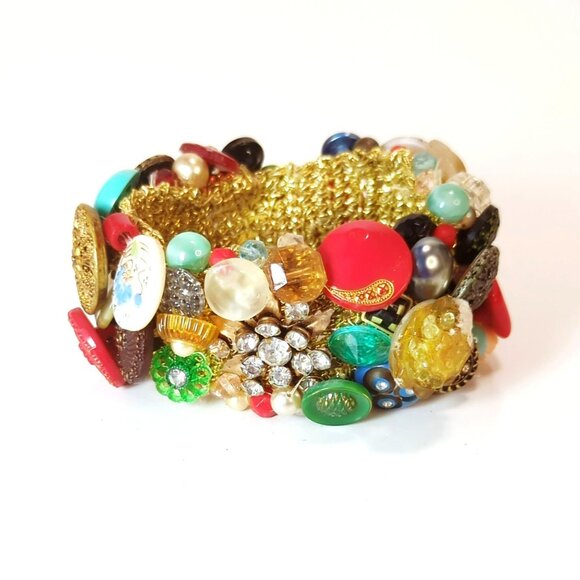 Vintage Art Deco Lucite Beads Rhinestone Buttons Stretch Elastic Cuff Bracelet - Picture 4 of 5